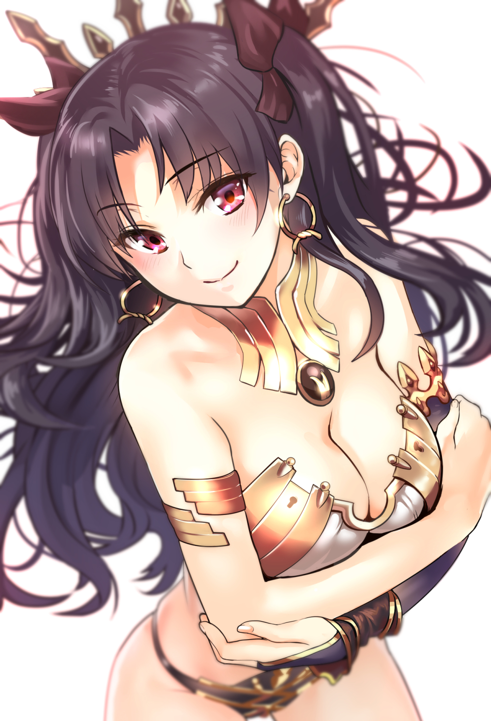 1girl armlet bangs bare_arms bare_shoulders bikini black_bikini_bottom black_hair black_ribbon blurry blush breast_hold breasts bridal_gauntlets cleavage cowboy_shot crossed_arms depth_of_field earrings eyebrows_visible_through_hair fate/grand_order fate_(series) foreshortening hair_ribbon head_tilt highres hoop_earrings ishtar_(fate/grand_order) jewelry leaning_forward long_hair looking_at_viewer medium_breasts mismatched_bikini nail_polish neck_ring parted_bangs pink_nails ribbon simple_background smile solo standing swimsuit tohsaka_rin two_side_up violet_eyes white_background white_bikini_top yewang19