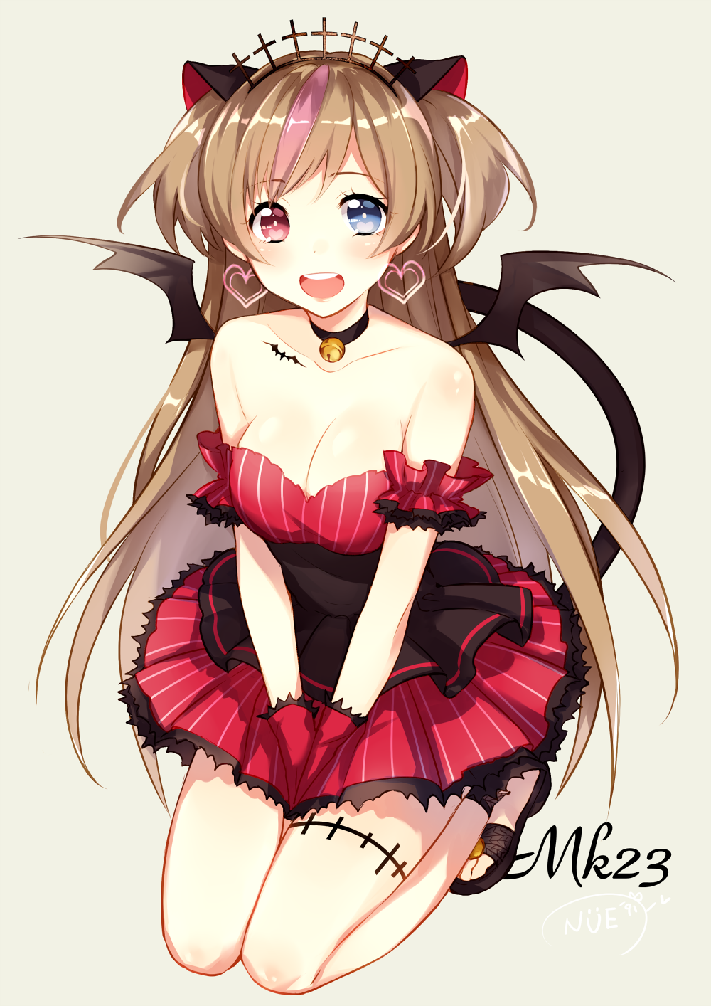 1girl :d artist_name bare_legs bare_shoulders black_footwear black_wings blue_eyes blush breasts bright_pupils brown_hair character_name cleavage collarbone cross demon_tail demon_wings dress earrings full_body girls_frontline gloves green_background hair_ornament heart heart_earrings heterochromia highres jewelry kneeling leafwow long_hair looking_at_viewer medium_breasts mk_23_(girls_frontline) multicolored_hair open_mouth own_hands_together pink_hair red_eyes red_gloves round_teeth sandals shiny shiny_hair simple_background smile solo strapless strapless_dress streaked_hair striped tail tareme teeth thigh_strap two_side_up v_arms vertical-striped_dress vertical_stripes very_long_hair wings