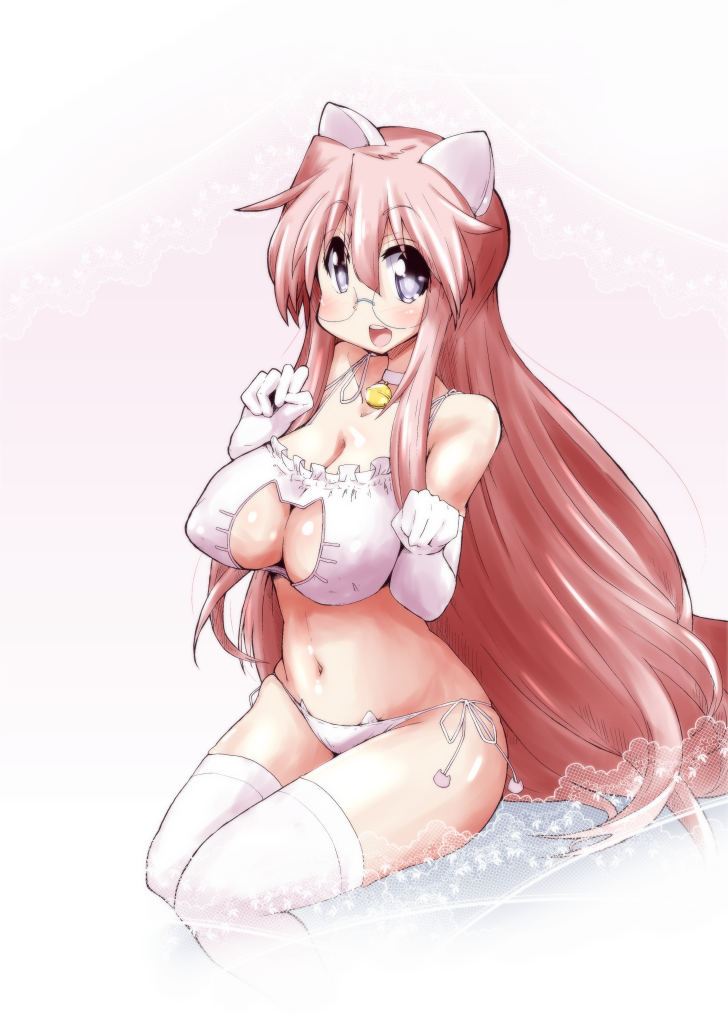 animal_ears bell bell_choker bell_collar bra cat cat_cutout cat_ear_panties cat_ears cat_lingerie choker cleavage_cutout collar elbow_gloves frilled_bra frills glasses gloves jingle_bell looking_at_viewer lucky_star meme_attire mizushima_(p201112) navel panties paw_pose pink_hair side-tie_panties stomach takara_miyuki thigh-highs underwear underwear_only violet_eyes white_bra