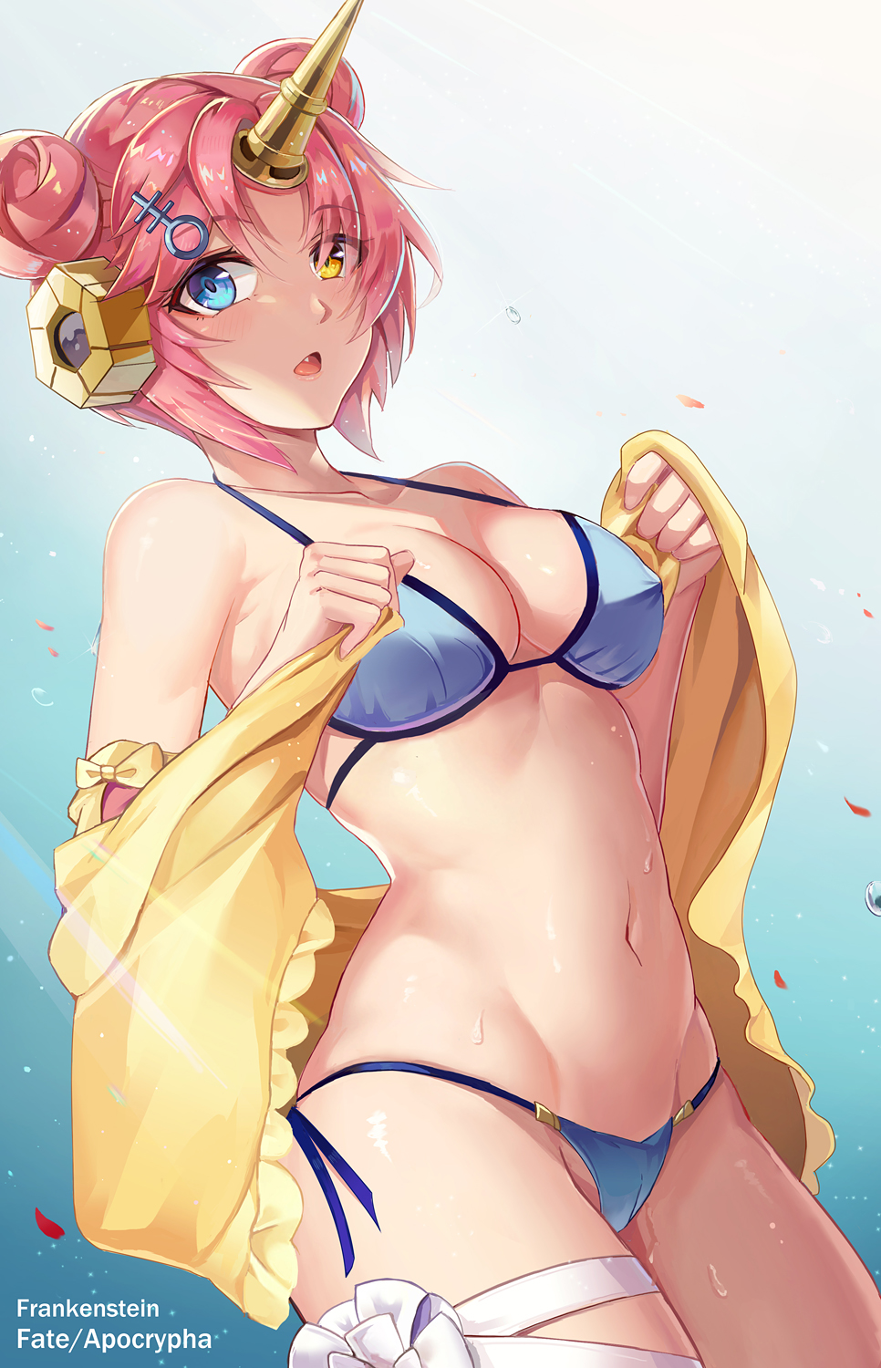 1girl :o bangs bare_shoulders berserker_of_black bikini blue_background blue_bikini blue_eyes blush breasts character_name collarbone copyright_name cowboy_shot double_bun dutch_angle erect_nipples eyebrows_visible_through_hair fanf fang fate/apocrypha fate/grand_order fate_(series) frankenstein's_monster_(swimsuit_saber)_(fate) gradient gradient_background hair_ornament hairclip headgear heterochromia highres holding horn l.bou looking_at_viewer medium_breasts navel open_mouth parted_bangs pink_hair revision short_hair side-tie_bikini solo standing stomach swimsuit thigh_strap wet yellow_eyes