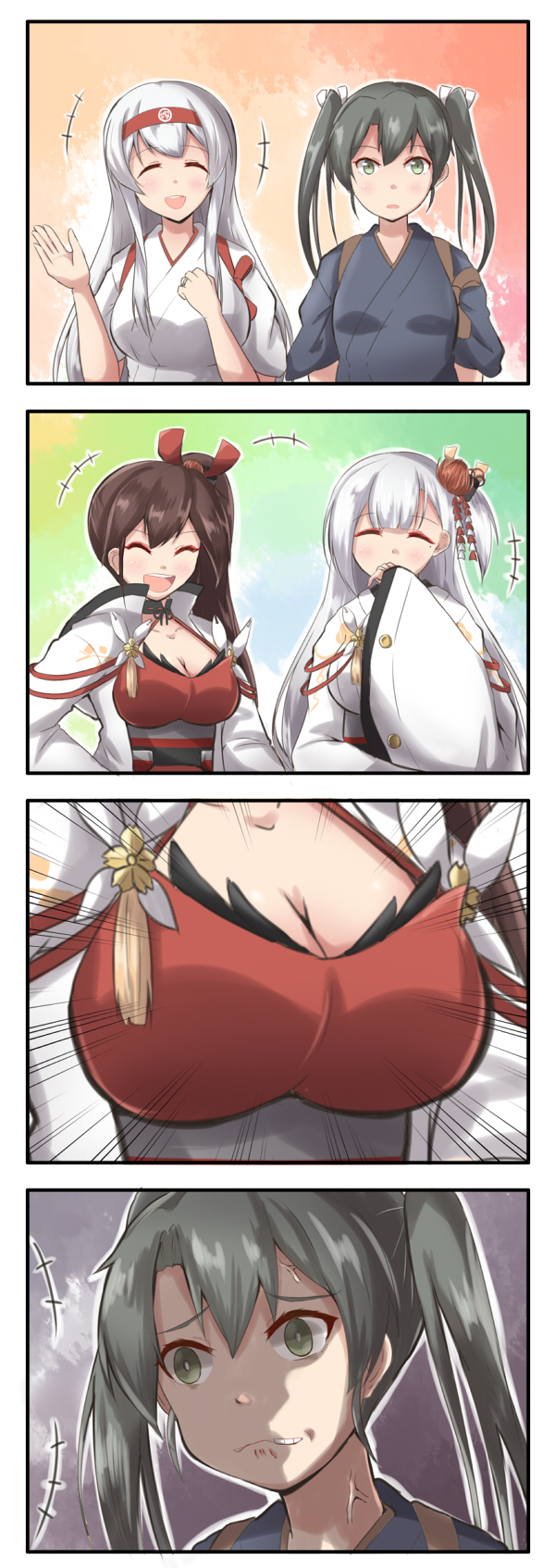 +++ 4girls 4koma ^_^ ^o^ azur_lane biting breast_envy breasts brown_hair closed_eyes comic commentary_request crossover green_eyes green_hair highres japanese_clothes kantai_collection large_breasts lip_biting long_hair mole mole_under_eye multiple_girls namesake open_mouth revision short_sleeves shoukaku_(azur_lane) shoukaku_(kantai_collection) silent_comic small_breasts smile tasuki twintails white_hair wide_sleeves yukimi_unagi zuikaku_(azur_lane) zuikaku_(kantai_collection)