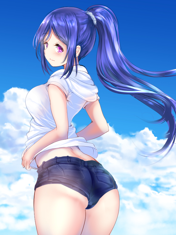 1girl arched_back ass blue_hair blush gorua_(youce01) hood hoodie long_hair looking_at_viewer looking_back love_live! love_live!_sunshine!! matsuura_kanan ponytail short_shorts shorts solo violet_eyes white_hoodie