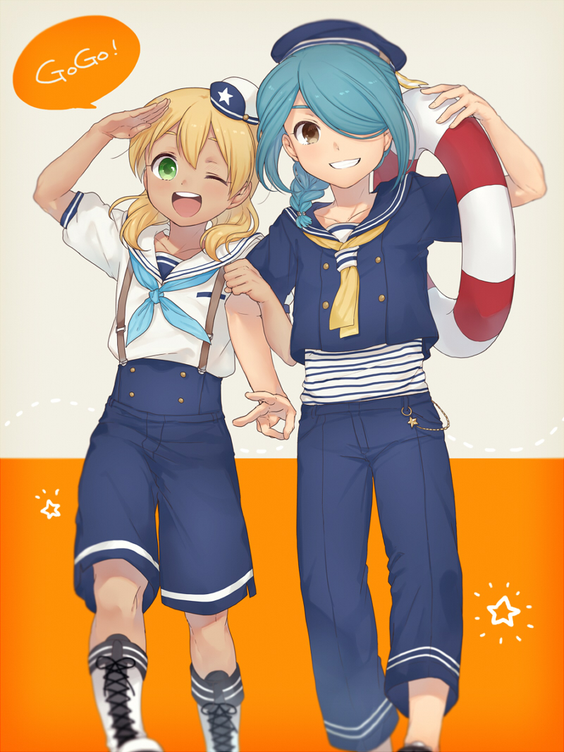 2boys blonde_hair blue_hair blush brown_eyes green_eyes hair_over_one_eye hat inazuma_eleven inazuma_eleven_(series) kazemaru_ichirouta lifebuoy locked_arms long_hair looking_at_viewer male_focus miyasaka_ryou multiple_boys sailor sailor_collar sailor_hat salute shorts smile suspenders tan tomo_(sjim)