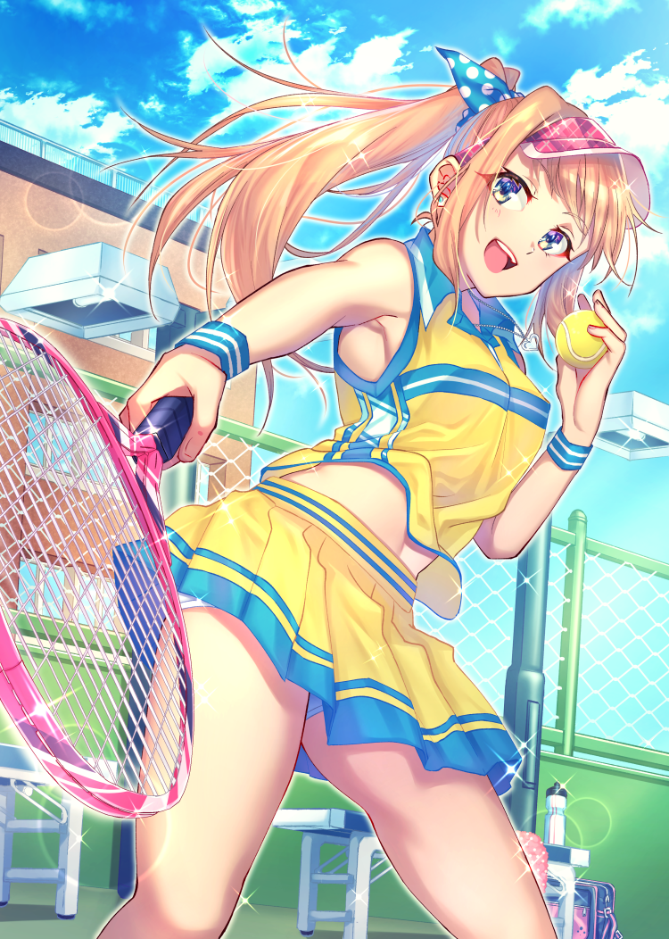 1girl :d armpits artist_request ball bare_shoulders blonde_hair blue_eyes blue_sky blush breasts cowboy_shot day ear_piercing foreshortening hair_ribbon heart heart_necklace long_hair medium_breasts moe2017 open_mouth original piercing ponytail racket ribbon sky sleeveless smile solo sparkle sportswear tennis tennis_ball tennis_racket tennis_uniform visor_cap wristband