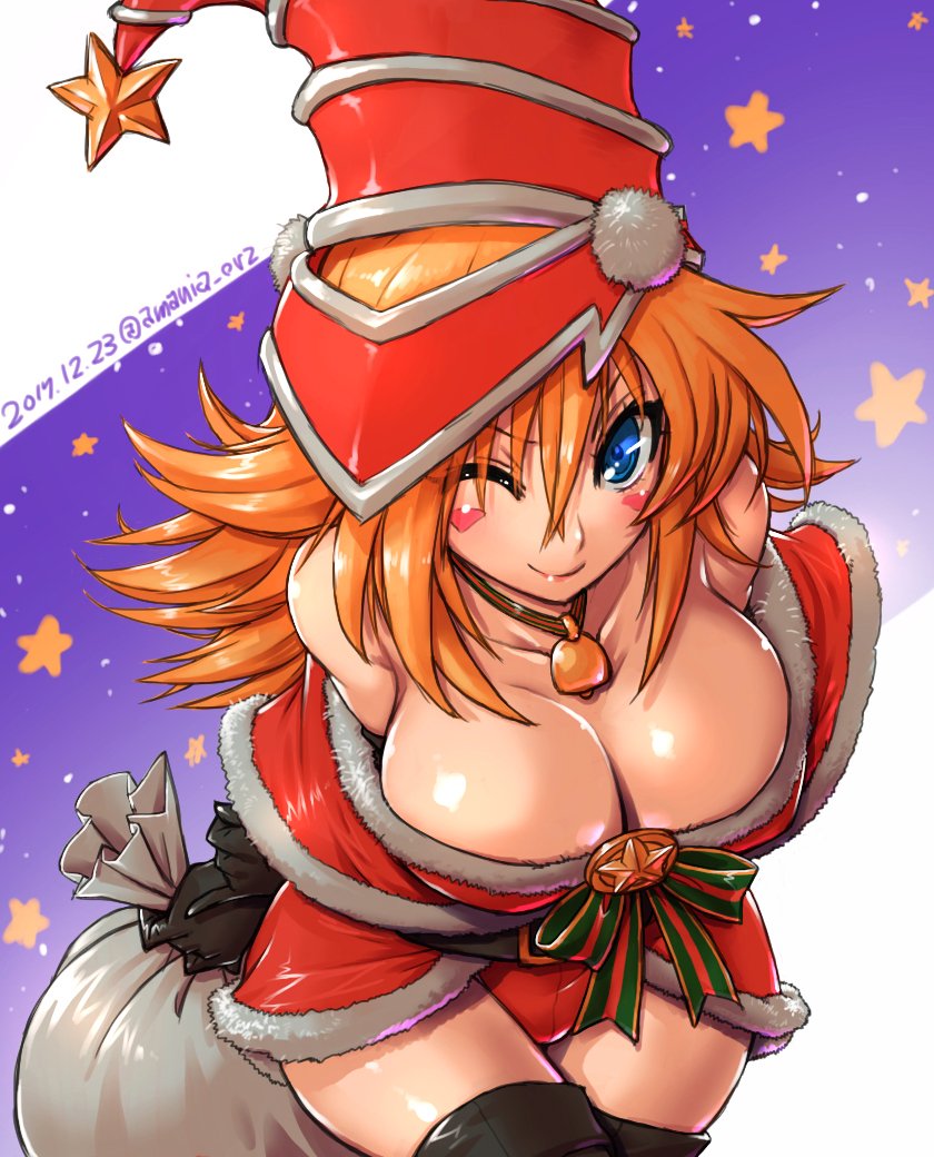1girl adapted_costume amania_orz arms_behind_back bare_shoulders bell bell_choker belt black_gloves blonde_hair blue_eyes bow breasts buckle choker christmas cleavage dark_magician_girl dated elbow_gloves facial_mark fur_trim gloves gradient gradient_background hat large_breasts long_hair one_eye_closed purple_background sack santa_costume shiny shiny_clothes solo star thigh-highs twitter_username wizard_hat yu-gi-oh! yuu-gi-ou_duel_monsters