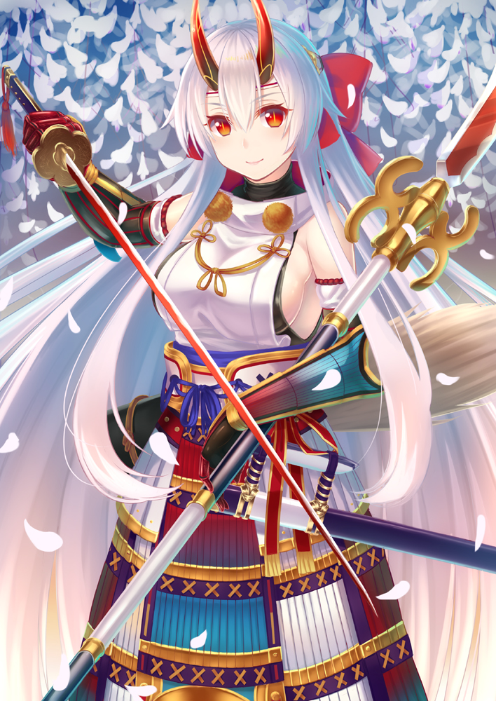 1girl armor breasts commentary_request fate/grand_order fate_(series) gloves hair_between_eyes hair_ribbon headband holding holding_sword holding_weapon horns japanese_armor japanese_clothes koko_(koko3) large_breasts long_hair looking_at_viewer oni_horns red_eyes ribbon silver_hair smile solo sword tomoe_gozen_(fate/grand_order) weapon