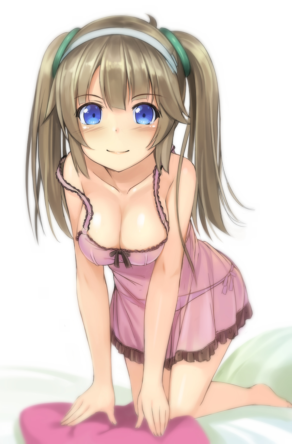 1girl all_fours bangs bare_legs barefoot bikini blue_eyes blunt_bangs blurry breasts brown_hair cleavage closed_mouth collarbone depth_of_field eyebrows_visible_through_hair frills full_body hairband highres kageira lingerie lips long_hair looking_at_viewer medium_breasts minori_(senran_kagura) negligee panties pink_panties see-through senran_kagura senran_kagura_(series) side-tie_bikini simple_background smile solo strap_slip swimsuit tareme twintails underwear underwear_only white_background white_hairband