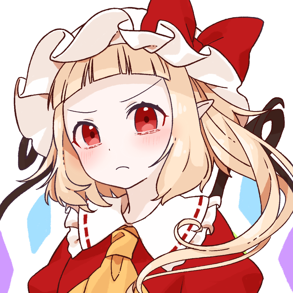 &gt;:( 1girl ascot bangs blonde_hair blunt_bangs bow closed_mouth flandre_scarlet forehead frown gotoh510 hat hat_bow long_hair mob_cap one_side_up pointy_ears red_bow red_eyes simple_background solo touhou upper_body white_background white_hat wings