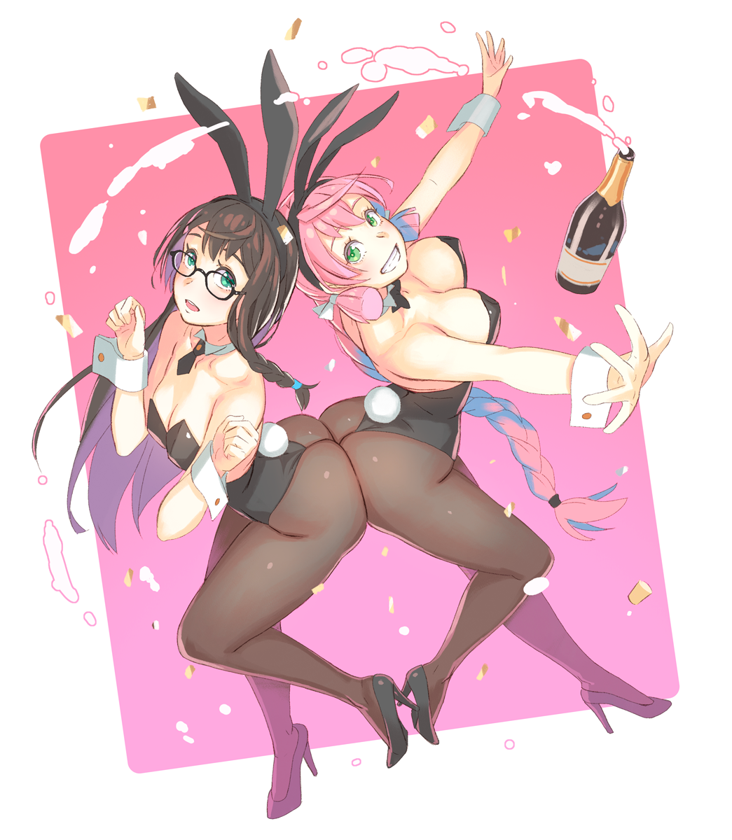 2girls :d akashi_(kantai_collection) animal_ears ass ass-to-ass black-framed_eyewear black_footwear black_hair black_legwear black_leotard breasts bunny_tail detached_collar fake_animal_ears glasses green_eyes grin high_heels highres kantai_collection large_breasts leotard long_hair multiple_girls ooyodo_(kantai_collection) open_mouth pantyhose pink_hair rabbit_ears small_breasts smile tail wrist_cuffs yuuji_(and)