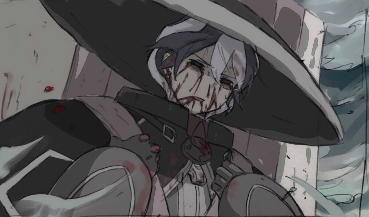 1girl armor black_hair blood blood_from_mouth blood_stain bloody_tears cape commentary_request gloves grimace hair_between_eyes hat made_in_abyss mi_(pic52pic) multicolored_hair outdoors ozen parted_lips short_hair solo two-tone_hair white_hair