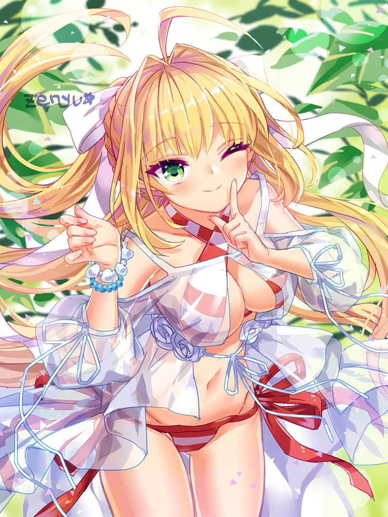 1girl ahoge blush bow bracelet breasts cleavage closed_eyes eyebrows_visible_through_hair fate/grand_order fate_(series) finger_to_mouth hair_bow jewelry large_breasts long_hair looking_at_viewer navel nero_claudius_(swimsuit_caster)_(fate) one_eye_closed saber_extra smile solo twintails white_bow zenyu