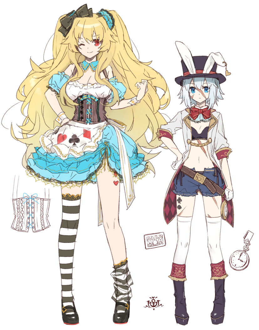 2girls alice_(wonderland) alice_(wonderland)_(cosplay) alice_in_wonderland animal_ears anne_bonny_(fate/grand_order) blonde_hair blue_eyes blush breasts chocoan cleavage cosplay fate/grand_order fate_(series) full_body gloves hat large_breasts long_hair looking_at_viewer mary_read_(fate/grand_order) midriff multiple_girls one_eye_closed rabbit_ears red_eyes scar short_hair silver_hair small_breasts smile standing top_hat twintails white_rabbit white_rabbit_(cosplay)