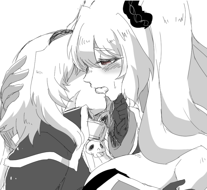 2girls anne_bonny_(fate/grand_order) fate/grand_order fate_(series) french_kiss gloves greyscale hairband hand_on_another's_chin kagosumi kiss mary_read_(fate/grand_order) monochrome multiple_girls red_eyes scar scrunchie skull spot_color tongue upper_body white_background yuri