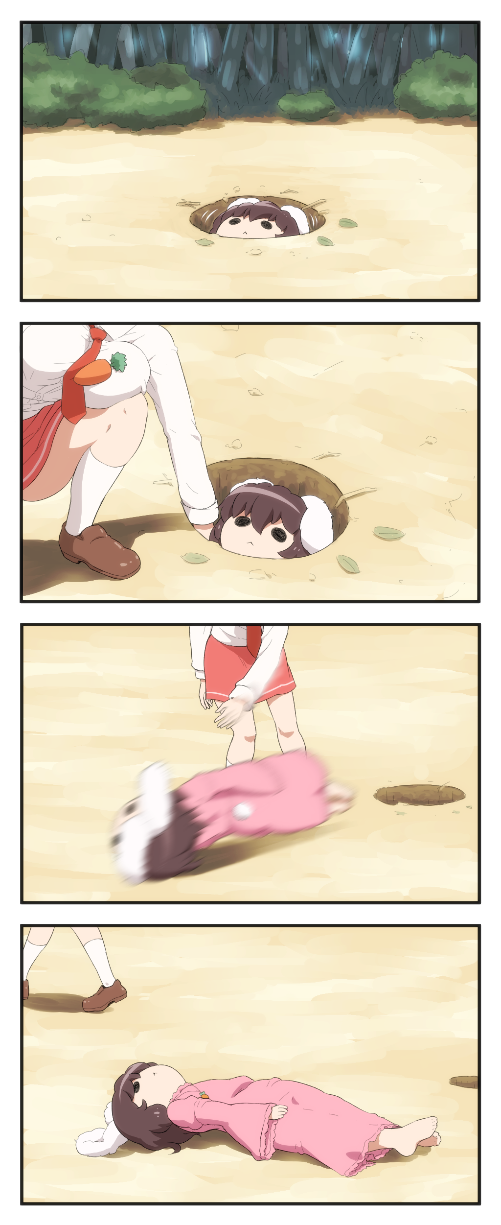 2girls 4koma :&lt; absurdres animal_ears barefoot blurry breast_squeeze breasts brown_footwear brown_hair bush carrot closed_mouth comic dress empty_eyes forest hair_between_eyes highres hole inaba_tewi large_breasts long_sleeves looking_up lying motion_blur multiple_girls nature no_nose on_back out_of_frame outdoors pink_dress rabbit_ears reisen_udongein_inaba shirosato shirt shoes short_hair socks squatting stuck throwing touhou tree white_legwear