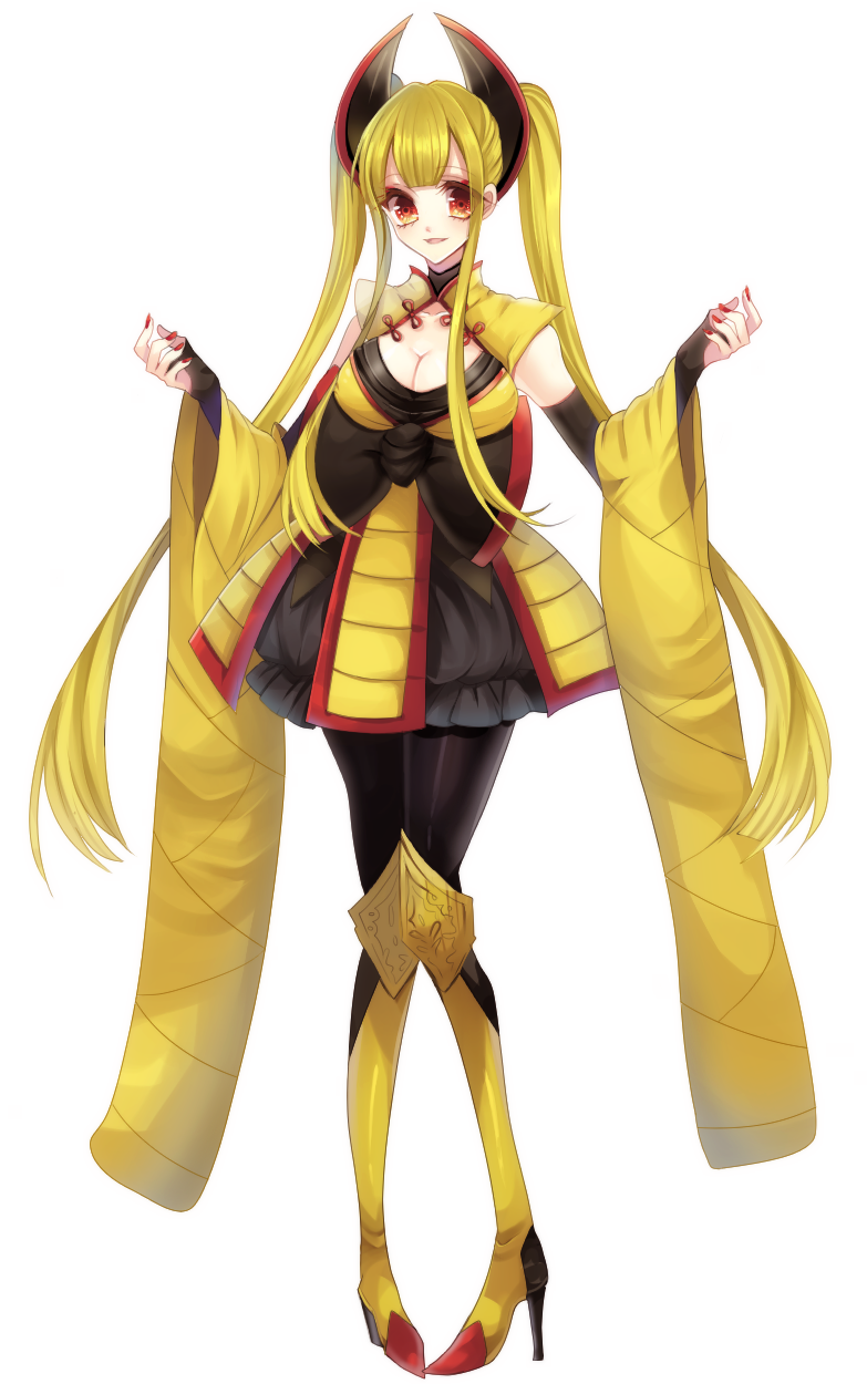 asame21 black_legwear breasts cleavage elbow_gloves fingerless_gloves full_body gloves hair_ornament haxorus high_heels highres long_hair looking_at_viewer nail_polish personification pokemon red_eyes red_nails skirt twintails very_long_hair yellow_legwear