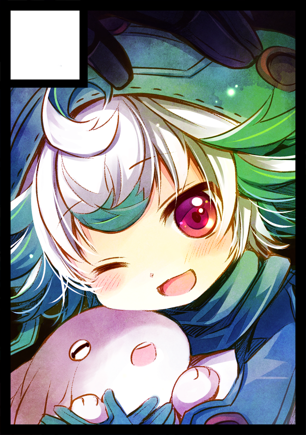 1boy 1girl :d ahoge black_border black_gloves bondrewd border circle_cut creature eyebrows_visible_through_hair gloves green_hair horizontal_pupils looking_at_viewer made_in_abyss meinya_(made_in_abyss) multicolored_hair one_eye_closed open_mouth out_of_frame prushka red_eyes sakurazawa_izumi short_hair smile two-tone_hair white_hair