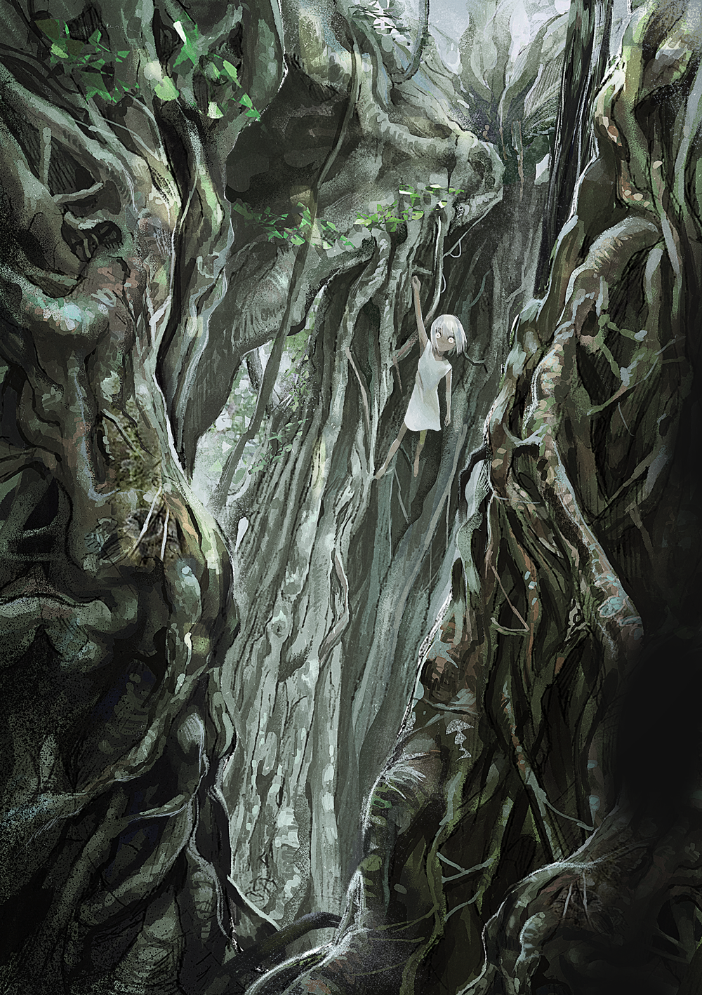 1girl bangs bare_arms bare_shoulders barefoot bayashiko dress fantasy forest hanging highres leaf looking_at_viewer mangrove nature original plant roots scenery short_hair silver_hair solo white_dress wide-eyed yellow_eyes