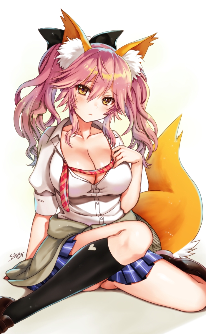 1girl animal_ears bow breasts cleavage ears_through_headwear fate/extra fate/extra_ccc fate_(series) fox_ears fox_tail hair_bow hijiri_ruka large_breasts long_hair necktie school_uniform sitting solo tail tamamo_(fate)_(all) tamamo_jk_(fate) twintails undressing white_background