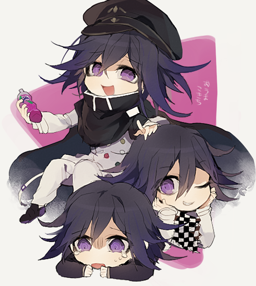 3boys cape checkered_scarf dangan_ronpa fanta hand_on_another's_head hands_on_own_cheeks hands_on_own_face hat multiple_boys new_dangan_ronpa_v3 open_mouth ouma_kokichi peaked_cap purple_hair scarf smile straitjacket suke_(mo8460) violet_eyes