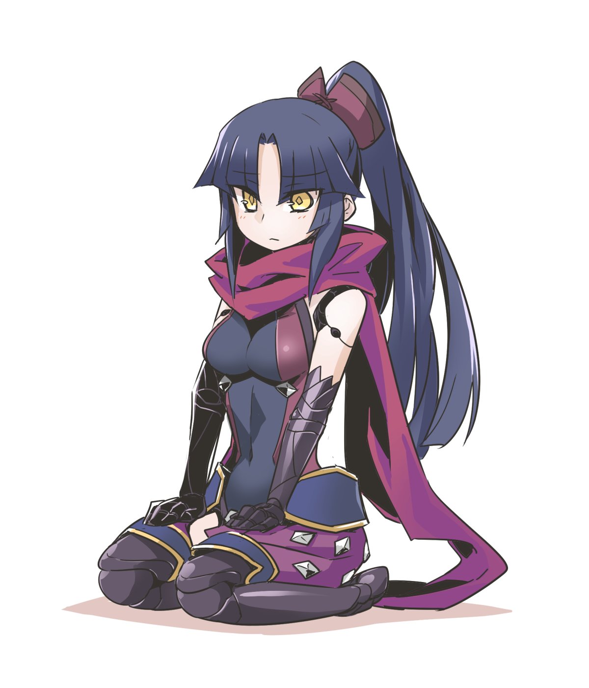 1girl bare_shoulders black_hair breasts closed_mouth covered_navel diamond-shaped_pupils eyebrows_visible_through_hair fate/grand_order fate_(series) frown full_body hands_on_thighs highres katou_danzou_(fate/grand_order) long_hair medium_breasts ponytail raigou red_scarf robot_joints scarf seiza shadow simple_background sitting solo symbol-shaped_pupils white_background yellow_eyes