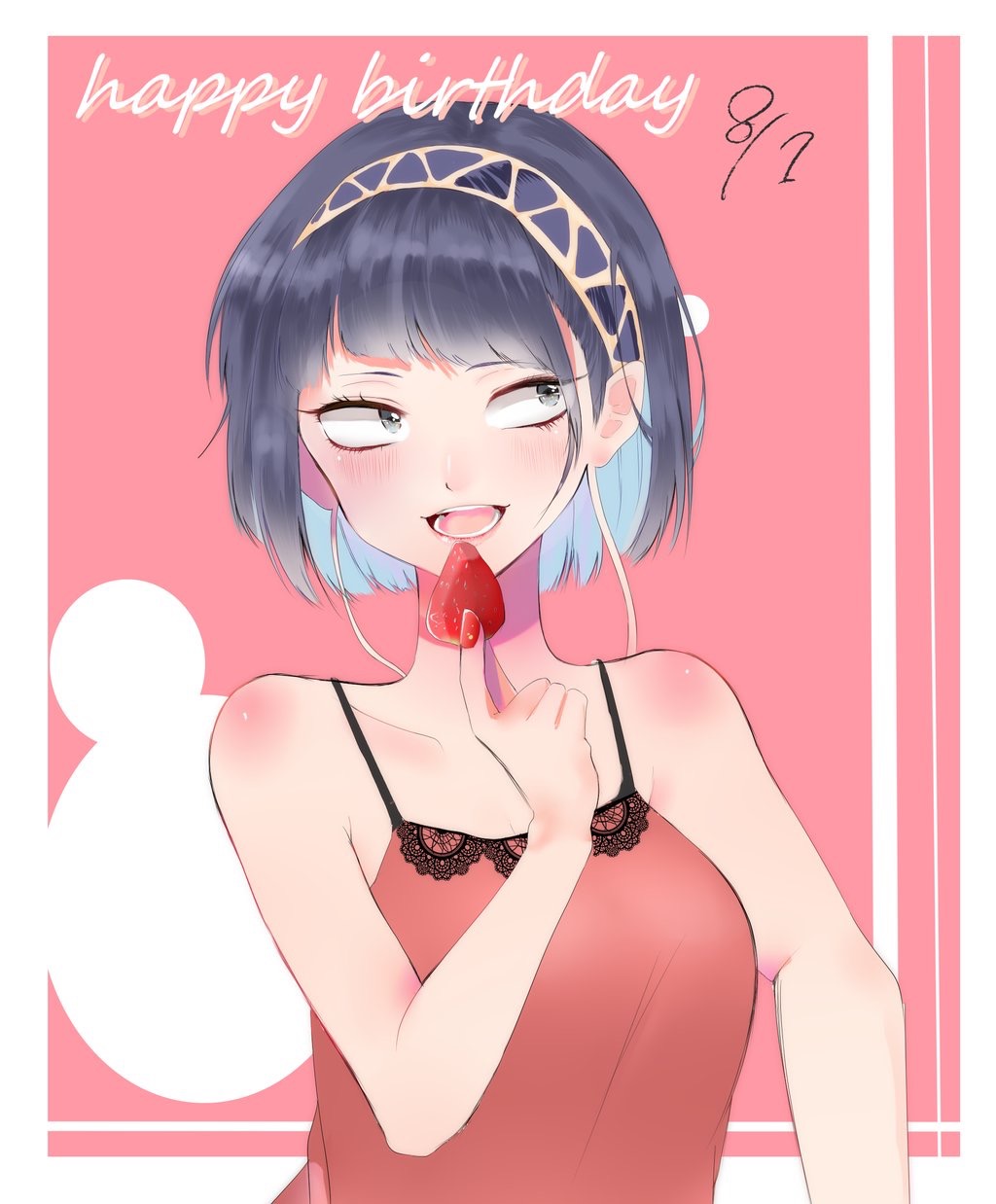 1girl blue_hair blush boku_no_hero_academia chemise collarbone eyelashes food fruit grey_eyes hairband happy_birthday highres holding holding_fruit jirou_kyouka lace_trim lips looking_to_the_side momoshikiya nail_polish open_mouth pink_background red_nails red_shirt shirt short_hair solo strawberry upper_body