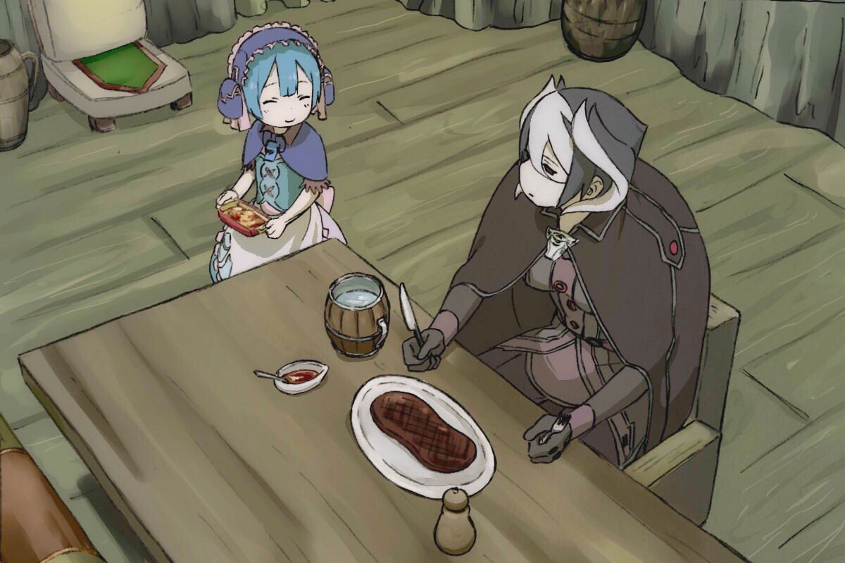 1boy 1girl :o apron black_gloves black_hair blue_hair cape chair closed_mouth commentary_request cup food fork gloves hair_between_eyes holding holding_fork holding_knife jacket knife long_sleeves looking_at_another made_in_abyss maid maid_apron maid_headdress maruruk mi_(pic52pic) mug multicolored_hair ozen pants parted_lips plate pouch short_hair sitting smile standing steak table trap two-tone_hair water whistle white_hair