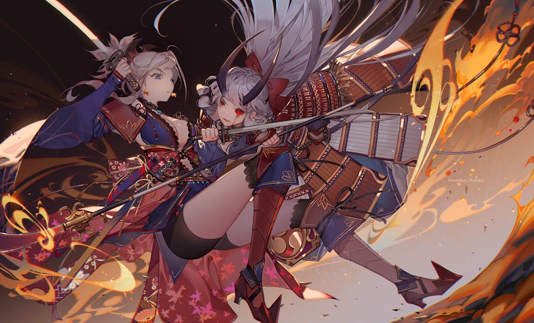 2girls armor asymmetrical_hair bangs bike_shorts blood blue_eyes closed_mouth eyes fate/grand_order fate_(series) fire floating_hair floral_print grey_hair holding holding_sword holding_weapon japanese_armor japanese_clothes katana kawacy kimono kusazuri leaf_print long_hair looking_at_another miyamoto_musashi_(fate/grand_order) multiple_girls obi open_mouth ponytail purple_kimono red_eyes sandals sash sode sword tomoe_gozen_(fate/grand_order) weapon