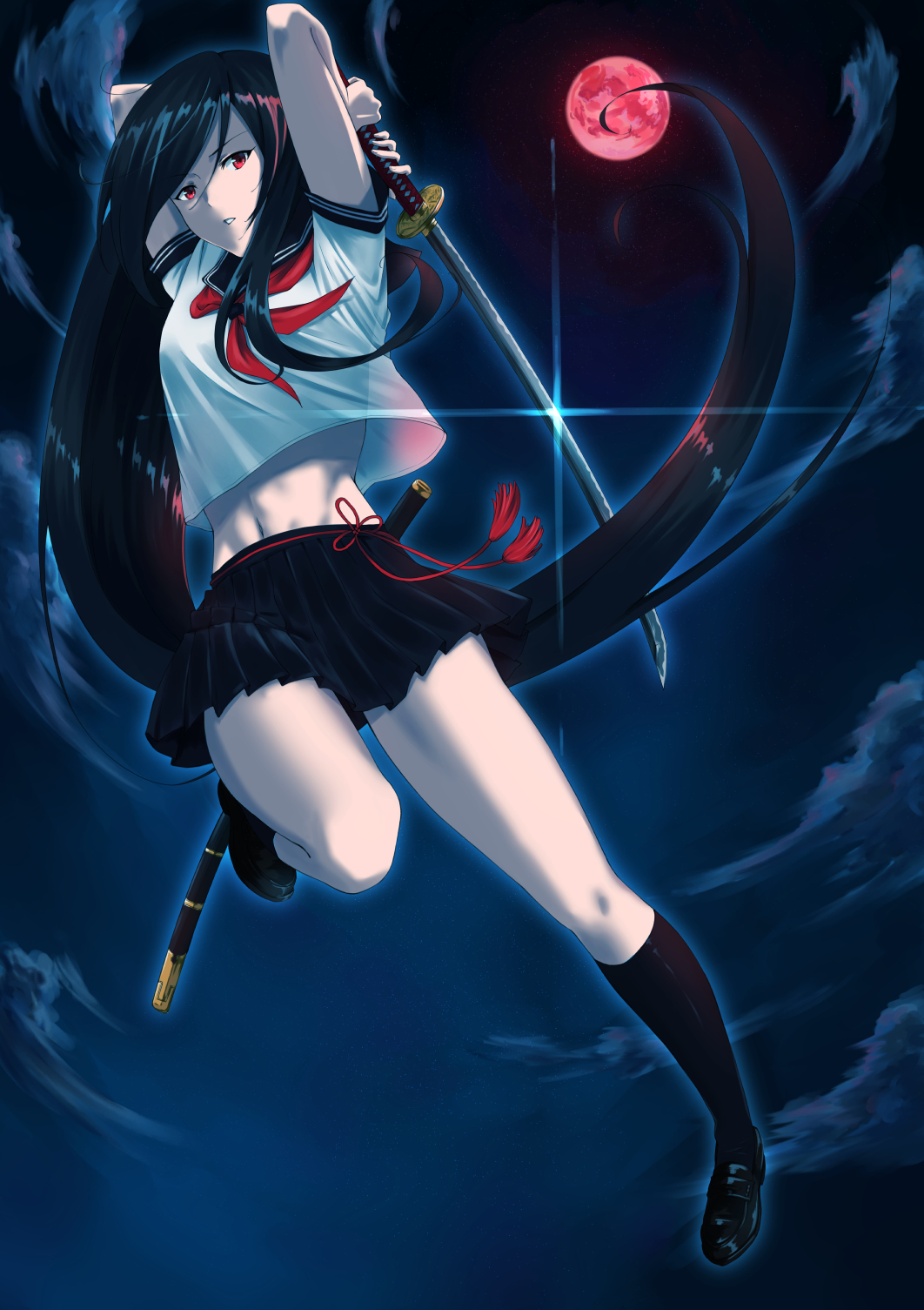 1girl arms_up black_footwear black_hair black_legwear black_sailor_collar black_skirt chokuro clouds cloudy_sky commentary_request diffraction_spikes floating_hair from_below full_moon glint glowing hair_between_eyes highres holding holding_sword holding_weapon katana kneehighs leg_up loafers long_hair looking_at_viewer medium_skirt midriff moon navel neckerchief night night_sky one_leg_raised original pale_skin parted_lips pleated_skirt red_eyes red_moon red_neckwear scabbard school_uniform serafuku sheath shiny shiny_hair shoes short_sleeves skirt sky solo star_(sky) starry_sky stomach sword tassel two-handed unsheathed very_long_hair weapon wind