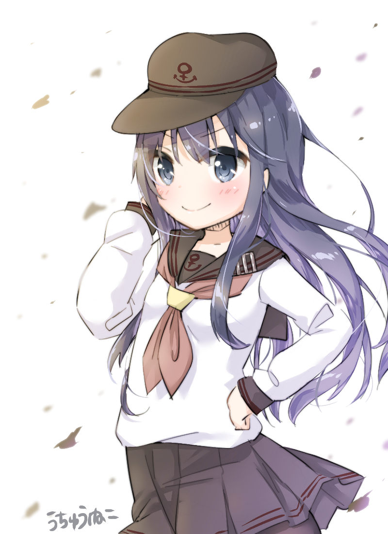 1girl akatsuki_(kantai_collection) black_hat black_legwear black_skirt blue_eyes blush closed_mouth commentary_request flat_cap hand_in_hair hand_on_hip hat kantai_collection long_hair long_sleeves looking_away neckerchief pantyhose pleated_skirt purple_hair red_neckwear remodel_(kantai_collection) school_uniform serafuku shirt signature simple_background sketch skirt smile solo uchuuneko very_long_hair white_background white_shirt
