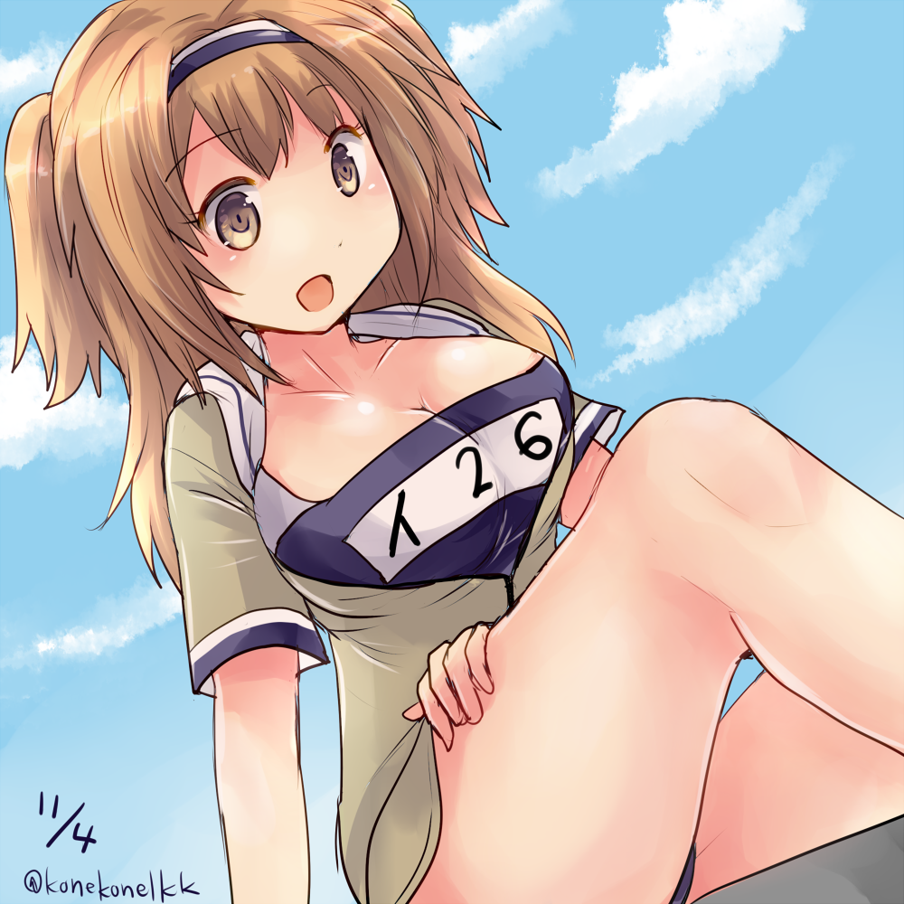 1girl :d blue_sky breasts cleavage clouds cloudy_sky hairband hirune_(konekonelkk) i-26_(kantai_collection) kantai_collection large_breasts light_brown_eyes light_brown_hair long_hair looking_at_viewer name_tag new_school_swimsuit one-piece_swimsuit open_mouth sailor_collar school_swimsuit short_sleeves sky smile solo swimsuit swimsuit_under_clothes two-tone_hairband two_side_up