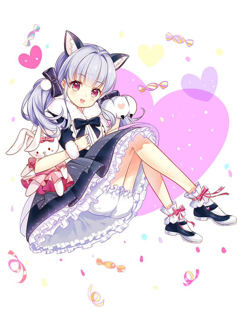 1girl animal_ears bloomers blue_hair candy cat_ears food heart original red_eyes shoes stuffed_animal stuffed_toy twintails underwear xingxiang_senlin