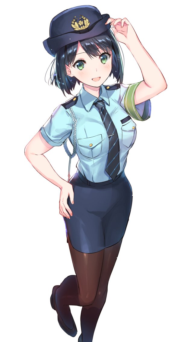 1girl blue_footwear blue_hair blue_neckwear blue_shirt blue_skirt breast_pocket breasts epaulettes green_eyes hand_on_headwear hand_on_hip hat looking_at_viewer medium_breasts necktie open_mouth original pantyhose pocket police police_hat police_uniform shirt short_hair short_sleeves simple_background skirt solo striped_neckwear uniform weee_(raemz) white_background