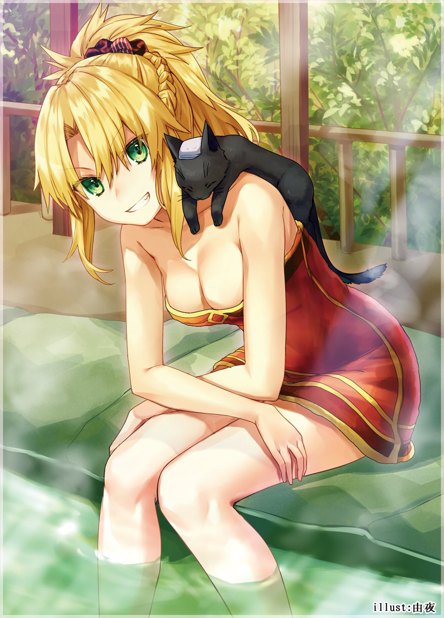1girl animal_on_shoulder arm artist_name bangs bare_arms bare_legs bare_shoulders bath black_cat blonde_hair braid breasts cat cleavage clenched_teeth closed_eyes cropped crossed_arms eyebrows_visible_through_hair fate/apocrypha fate_(series) female green_eyes grin hair_between_eyes highres leaning leaning_forward legs long_hair looking_at_viewer lossy-lossless medium_breasts naked_towel onsen parted_bangs ponytail red_towel saber_of_red smile soaking_feet steam teeth towel type-moon waifu2x water wet yuya_(night_lily)