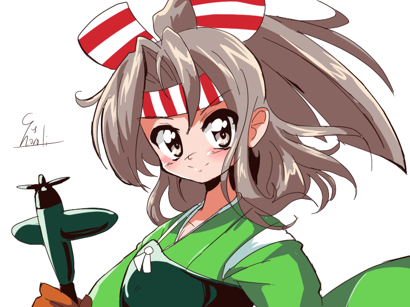 1girl 90s aircraft airplane arrow choroli_(chorolin) flat_chest green_kimono grey_hair hachimaki headband high_ponytail japanese_clothes kantai_collection kimono long_hair looking_at_viewer muneate parody smile solo style_parody upper_body white_background zuihou_(kantai_collection)