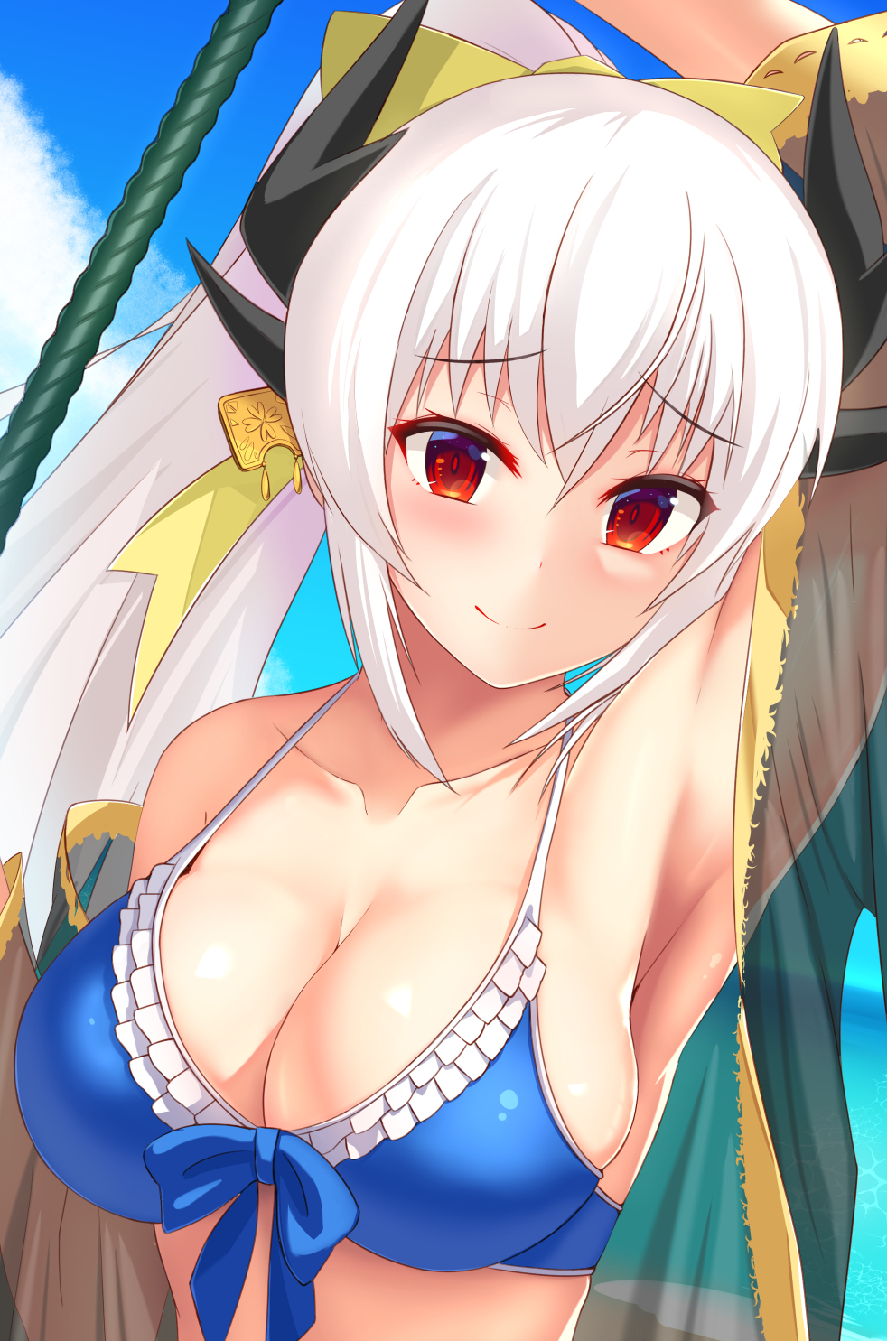 1girl arm_up armpits bare_shoulders blue_bikini_top blue_bow bow breasts cleavage closed_mouth collarbone damao_yu eyebrows_visible_through_hair fate/grand_order fate_(series) frilled_bikini_top frills front-tie_bikini front-tie_top hair_bow highres horns kiyohime_(fate/grand_order) long_hair long_sleeves looking_at_viewer medium_breasts ocean off_shoulder ponytail red_eyes revision see-through sidelocks silver_hair solo staff swimsuit tareme upper_body very_long_hair yellow_bow