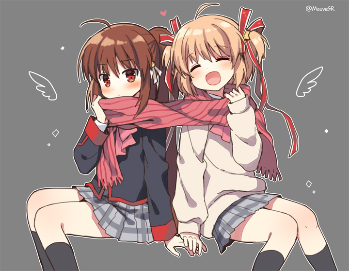 2girls beige_sweater blonde_hair bow brown_hair closed_eyes grey_background grey_skirt kamikita_komari little_busters!! long_hair mauve multiple_girls natsume_rin open_mouth pink_bow plaid plaid_skirt pleated_skirt ponytail red_eyes red_scarf scarf school_uniform shared_scarf short_hair simple_background sitting skirt smile twintails