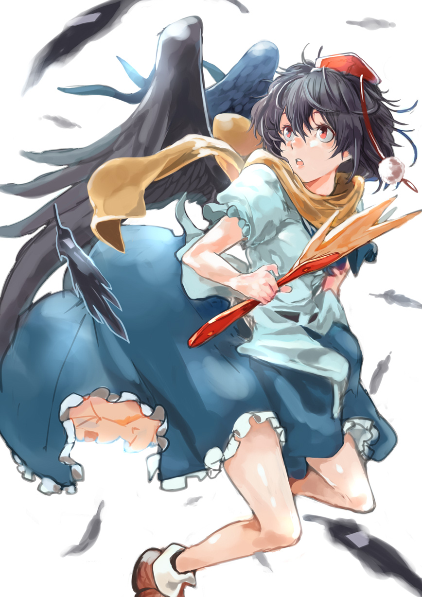 1girl :o bare_legs black_hair black_wings blue_skirt brown_footwear commentary_request fan feathered_wings feathers hair_between_eyes hat highres looking_up nose pom_pom_(clothes) red_eyes scarf shameimaru_aya shirt shoes short_hair short_sleeves simple_background skirt socks solo tokin_hat touhou uno_(union) white_background white_legwear white_shirt wings