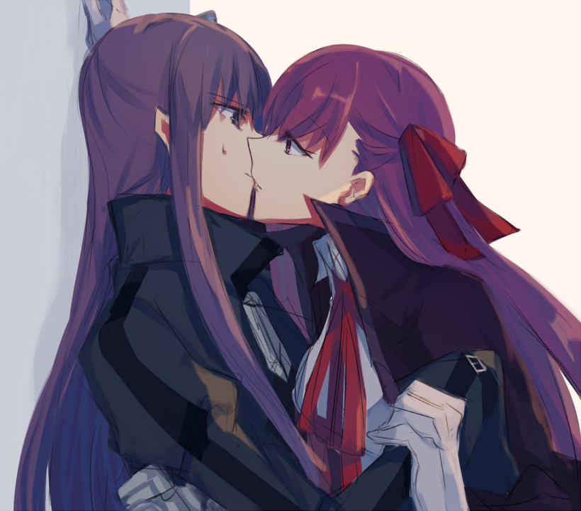 2girls aoki_shizumi bangs bb_(fate/extra_ccc) blue_eyes face-to-face fate/extra fate/extra_ccc fate_(series) gloves hair_ribbon juliet_sleeves kiss long_sleeves looking_at_another meltlilith multiple_girls puffy_sleeves purple_hair red_ribbon ribbon sweat violet_eyes wall_slam white_gloves yuri