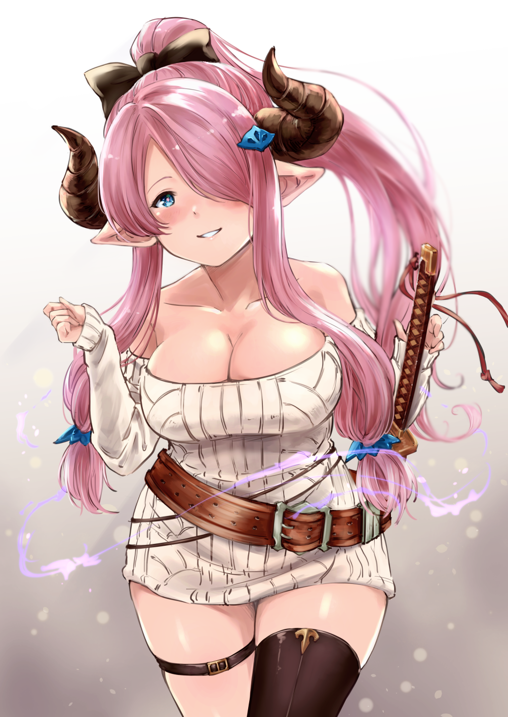 1girl alternate_costume bare_shoulders belt belt_buckle beltskirt black_bow black_legwear blue_eyes blurry blush bow breasts brown_belt buckle chokuro cleavage collarbone commentary_request cowboy_shot depth_of_field doraf gradient gradient_background granblue_fantasy hair_bow hair_ornament hair_over_one_eye hair_tie hands_up head_tilt high_ponytail highres horns large_breasts long_hair long_sleeves looking_at_viewer low-tied_long_hair low_neckline narumeia_(granblue_fantasy) off-shoulder_sweater parted_lips pink_background pink_hair pointy_ears ponytail revision ribbed_sweater sheath sheathed shiny shiny_hair sidelocks single_thighhigh sleeves_past_wrists smile solo standing sweater sword thigh-highs thigh_strap very_long_hair weapon white_sweater