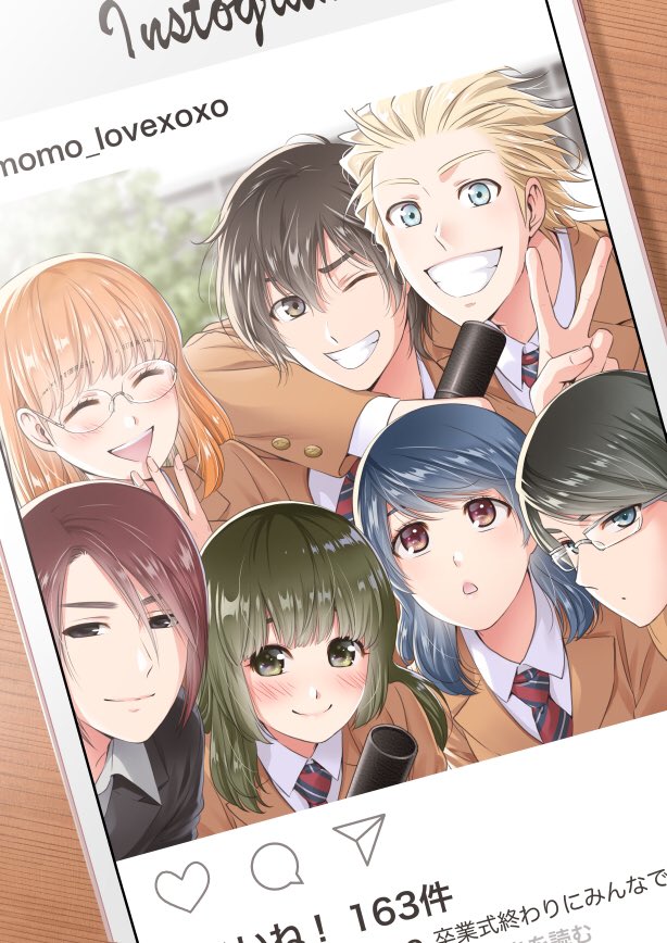 :d arm_around_neck black_hair blonde_hair blue_eyes blue_hair blush brand_name_imitation cellphone character_request closed_eyes diploma domestic_na_kanojo glasses green_eyes green_hair grin instagram looking_up necktie open_mouth phone red_eyes redhead sasuga_kei school_uniform smartphone smile striped_neckwear tachibana_rui v