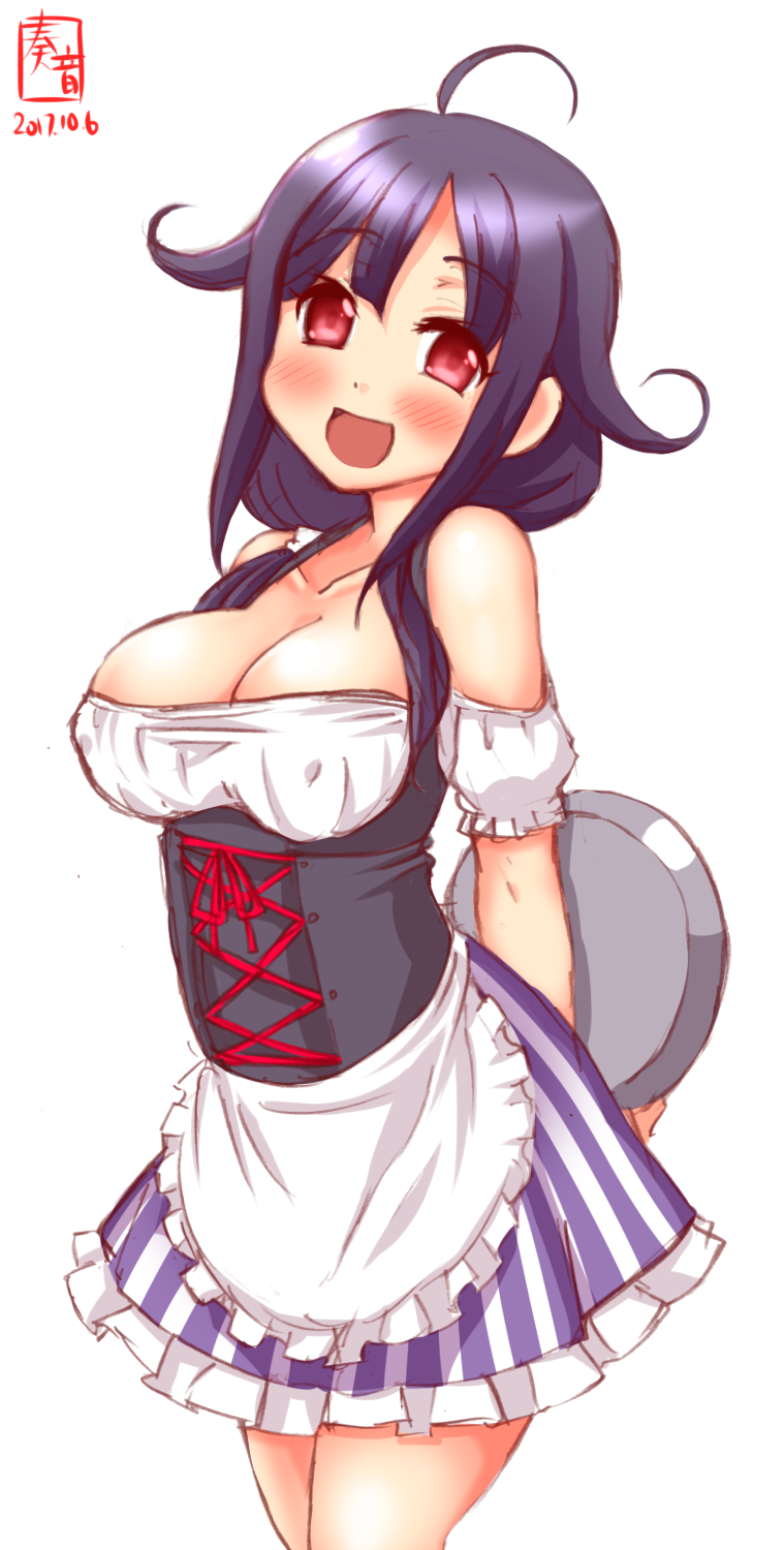 1girl :d ahoge alternate_costume apron arms_behind_back bare_shoulders blush breasts cleavage commentary_request detached_sleeves dirndl erect_nipples german_clothes hair_flaps highres kanon_(kurogane_knights) kantai_collection long_hair looking_at_viewer medium_breasts off_shoulder open_mouth purple_hair red_eyes simple_background sketch smile solo standing taigei_(kantai_collection) tray