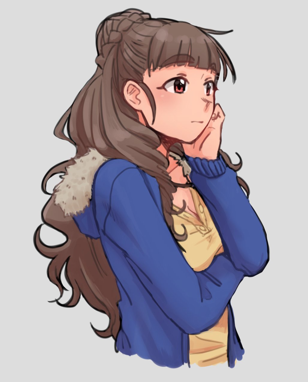 1girl bangs blue_coat blunt_bangs breasts brown_hair closed_mouth coat collarbone eyebrows_visible_through_hair hair_bun hand_on_own_cheek highres idolmaster idolmaster_cinderella_girls kamiya_nao long_hair long_sleeves looking_afar medium_breasts open_clothes open_coat red_eyes rokettopencil shirt simple_background solo standing thick_eyebrows upper_body white_background yellow_shirt