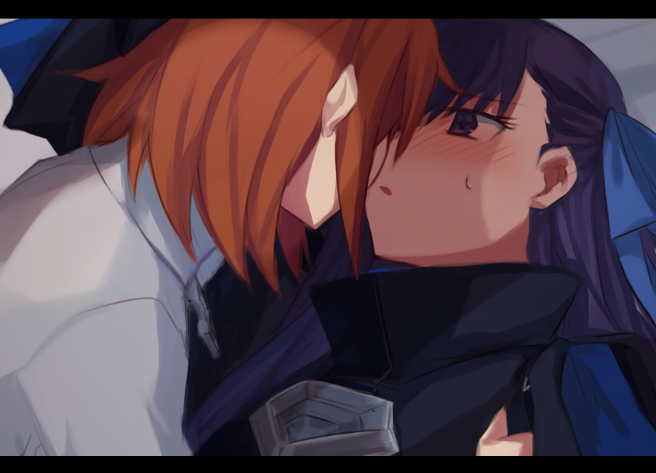 2girls aoki_shizumi blue_eyes blue_ribbon blush fate/extra fate/extra_ccc fate/grand_order fate_(series) fujimaru_ritsuka_(female) hair_ribbon imminent_kiss long_hair looking_at_another meltlilith multiple_girls open_mouth purple_hair ribbon shadow sweat upper_body yuri