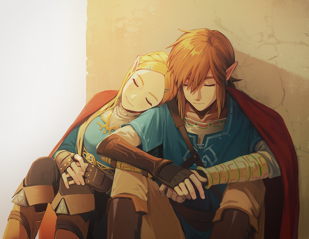 1boy 1girl arm_guards blanket blonde_hair boots brown_hair closed_eyes couple fingerless_gloves gloves hair_ornament hairclip link long_hair pointy_ears princess_zelda shade shared_blanket sleeping sleeping_on_person sophie_(693432) the_legend_of_zelda the_legend_of_zelda:_breath_of_the_wild