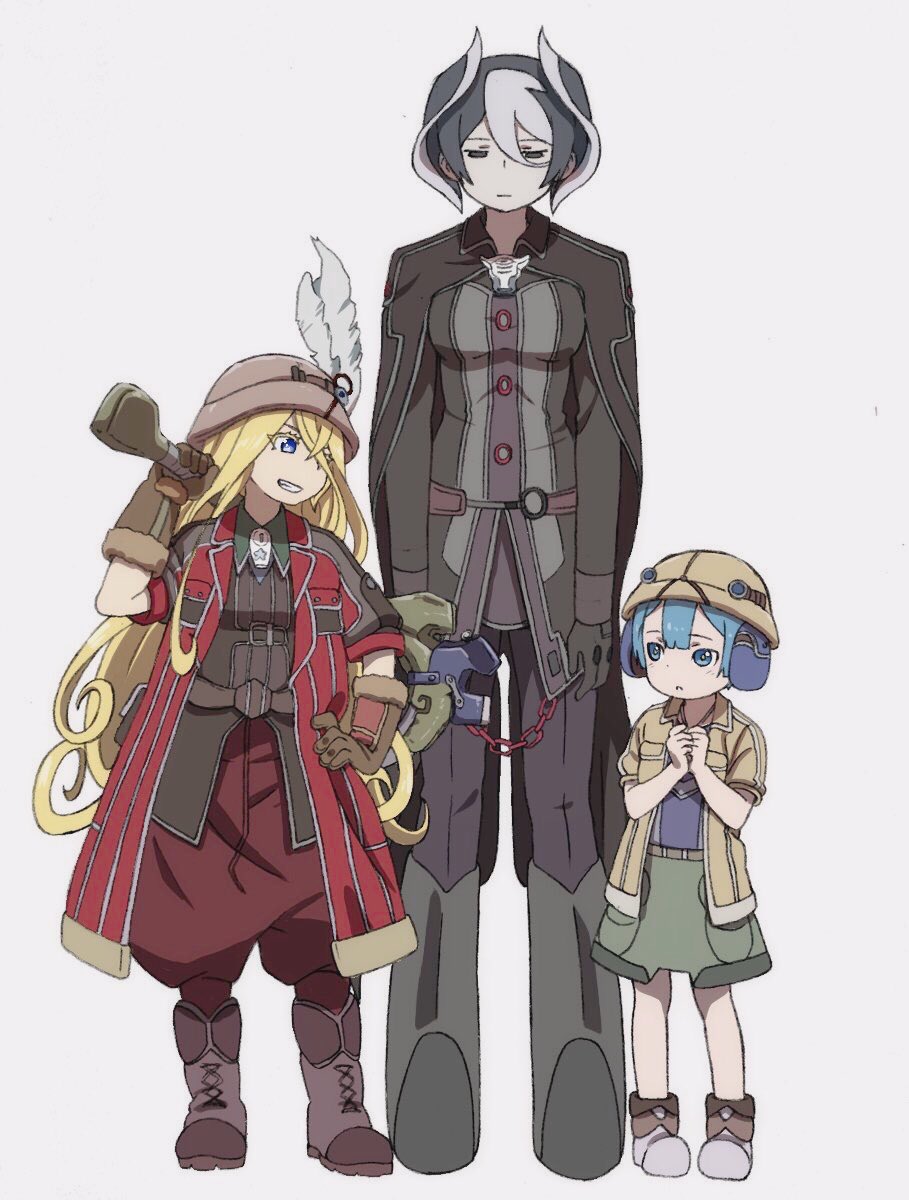 1boy 2girls bangs black_cape black_eyes black_hair blonde_hair blue_eyes blue_hair blunt_bangs blush boots brown_gloves cape child closed_eyes closed_mouth coat gloves grey_background grin hand_on_hip height_difference helmet highres holding jacket jitome long_hair long_sleeves looking_at_another lyza made_in_abyss maruruk mi_(pic52pic) multicolored_hair multiple_girls over_shoulder ozen pants parted_lips pigeon-toed puffy_pants shorts simple_background smile standing trap two-tone_hair weapon weapon_over_shoulder whistle white_hair