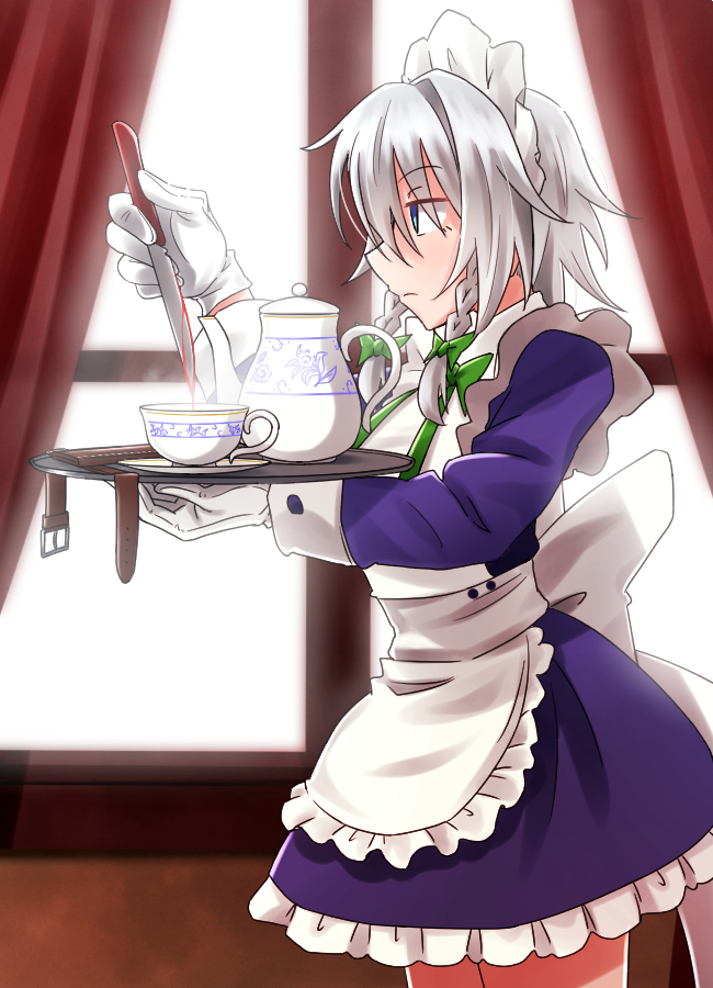 1girl apron blue_dress blue_eyes bow braid closed_mouth cowboy_shot cup dress frilled_apron frills from_side gloves green_bow greenkohgen hair_bow izayoi_sakuya knife maid maid_apron maid_headdress profile silver_hair solo teacup teapot touhou twin_braids white_gloves