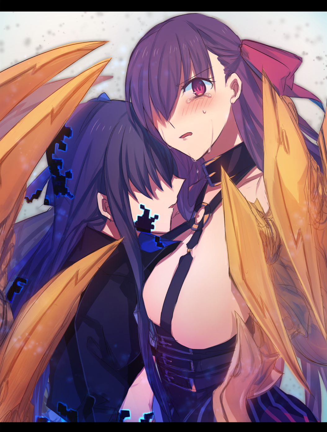 2girls aoki_shizumi belt blue_ribbon breasts claws collar crying fading fate/extra fate/extra_ccc fate_(series) hair_over_eyes highres huge_breasts long_hair looking_at_viewer meltlilith multiple_girls o-ring_top open_mouth passion_lip pink_eyes purple_hair red_ribbon ribbon spoilers tears very_long_hair