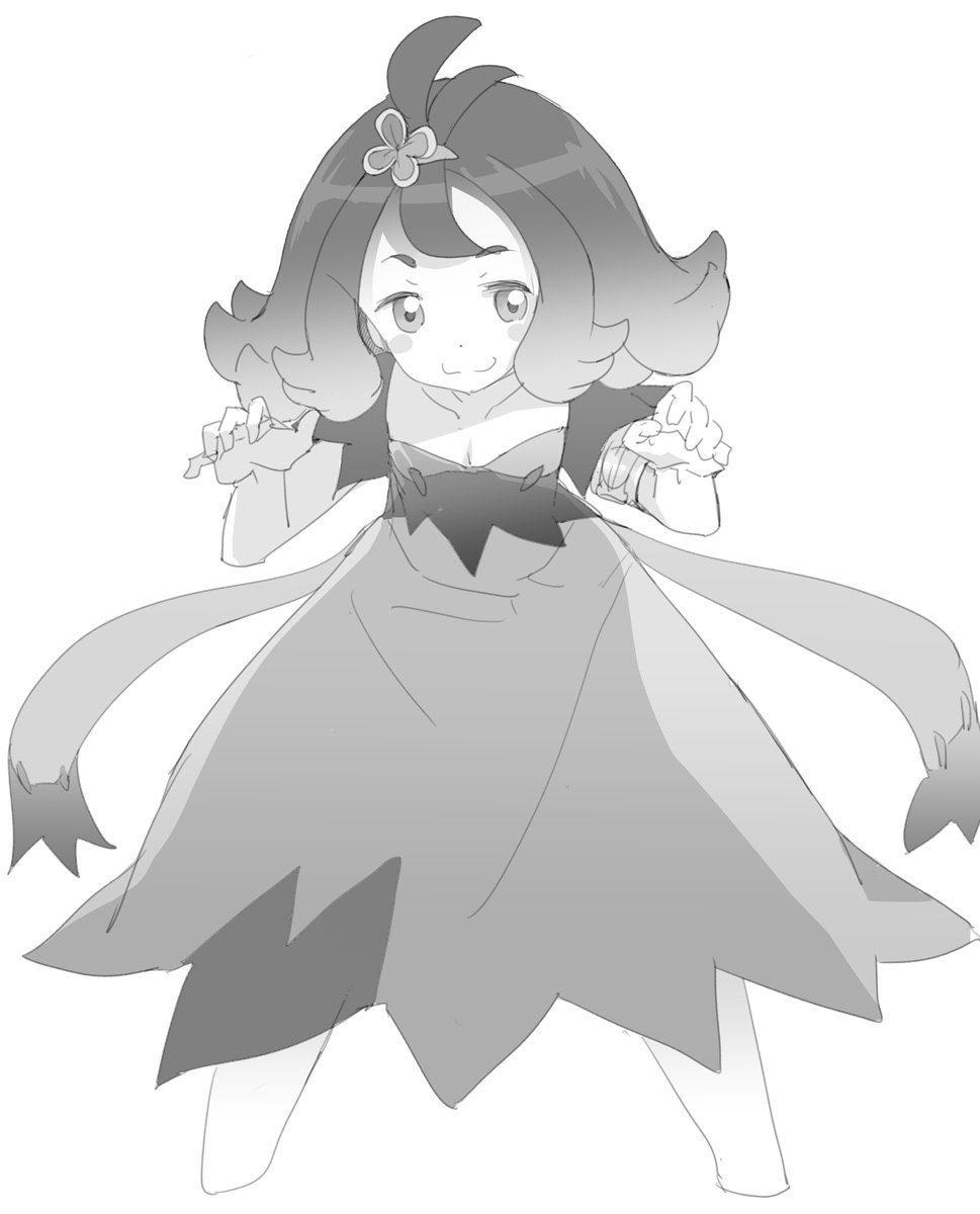 1girl :3 acerola_(pokemon) armlet blush_stickers breasts dress elite_four flipped_hair greyscale hair_ornament highres leaning_forward monochrome ookamiuo pokemon pokemon_(game) pokemon_sm pose short_hair simple_background small_breasts solo stitches trial_captain wavy_mouth white_background