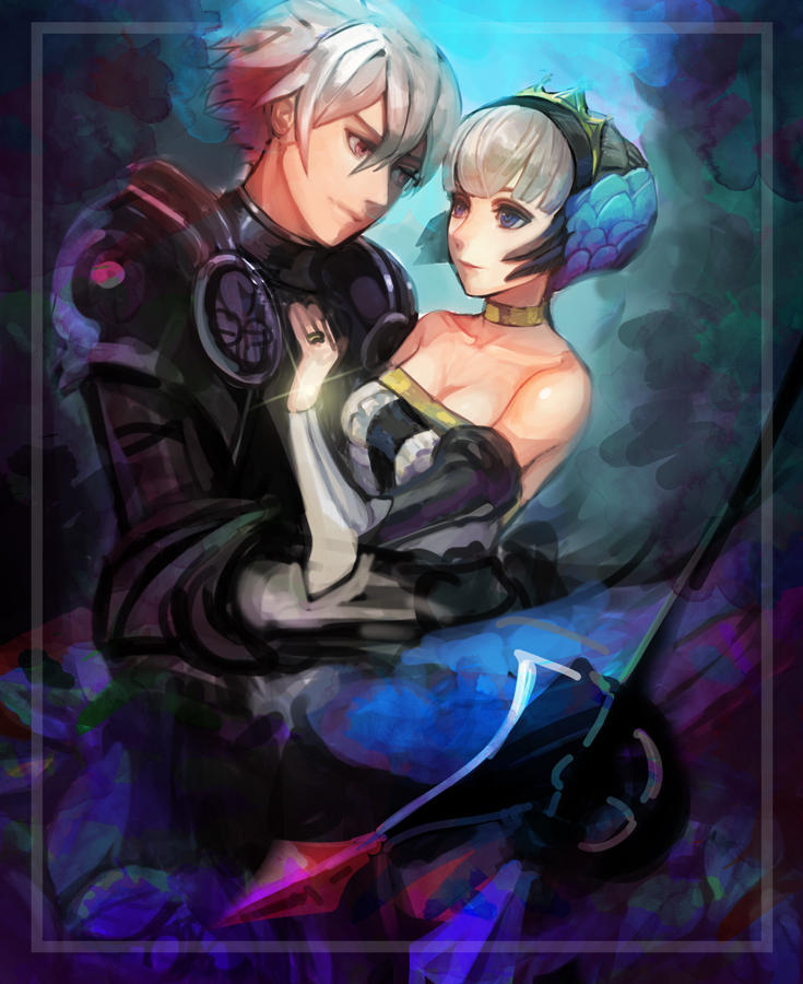 1boy 1girl armor bare_shoulders black_armor blue_eyes choker couple eye_contact grey_hair gwendolyn hetero jewelry kokouno_oyazi looking_at_another multicolored multicolored_background odin_sphere oswald pink_eyes ring short_hair sketch tiara upper_body weapon yellow_neckwear