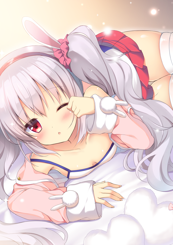 1girl ;o animal_ears azur_lane bangs bare_shoulders black_hairband blush breasts camisole cleavage clenched_hand collarbone commentary_request eyebrows_visible_through_hair fingernails grey_hair hair_between_eyes hair_ornament hair_scrunchie hairband heart heart_pillow jacket laffey_(azur_lane) long_hair long_sleeves looking_at_viewer lying off_shoulder on_side one_eye_closed parted_lips pillow pink_jacket pleated_skirt rabbit_ears red_eyes red_scrunchie red_skirt scrunchie shibainu_niki skindentation skirt sleepy sleeves_past_wrists small_breasts solo strap_slip thigh-highs twintails very_long_hair white_camisole white_legwear